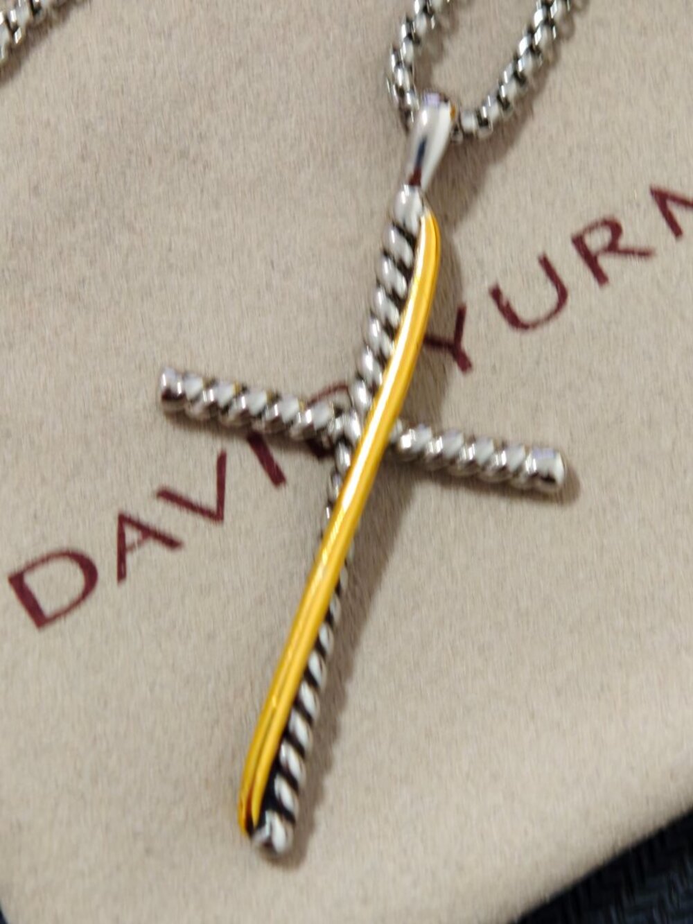 Two-Tone Cross Pendant Necklace, Sterling Silver & Gold Cable Cross Chain - Picture 2 of 10